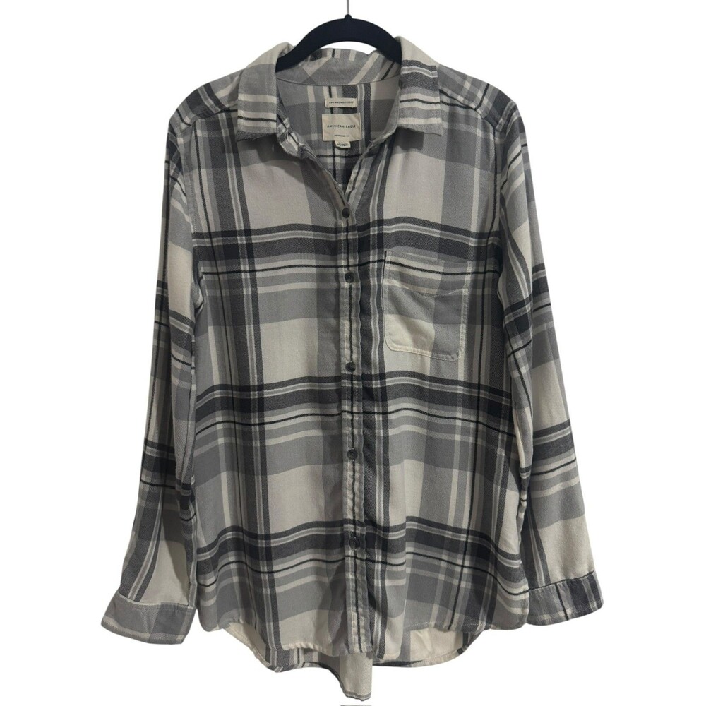 American Eagle Ahh-Mazingly Soft Boyfriend Plaid Shirt Womens MED Gray Flannel